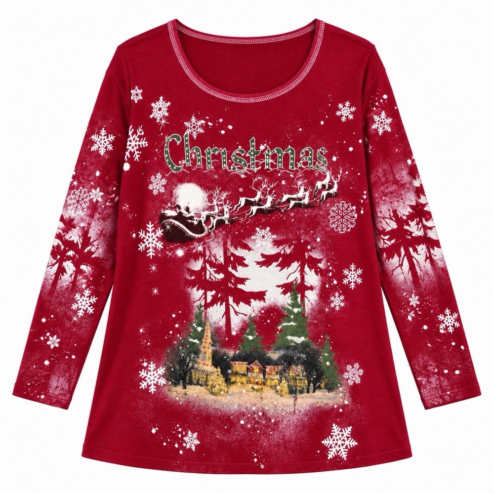 Vtg Red Christmas Top Santa Sleigh Reindeer Rhinestones Snowflake XL READ